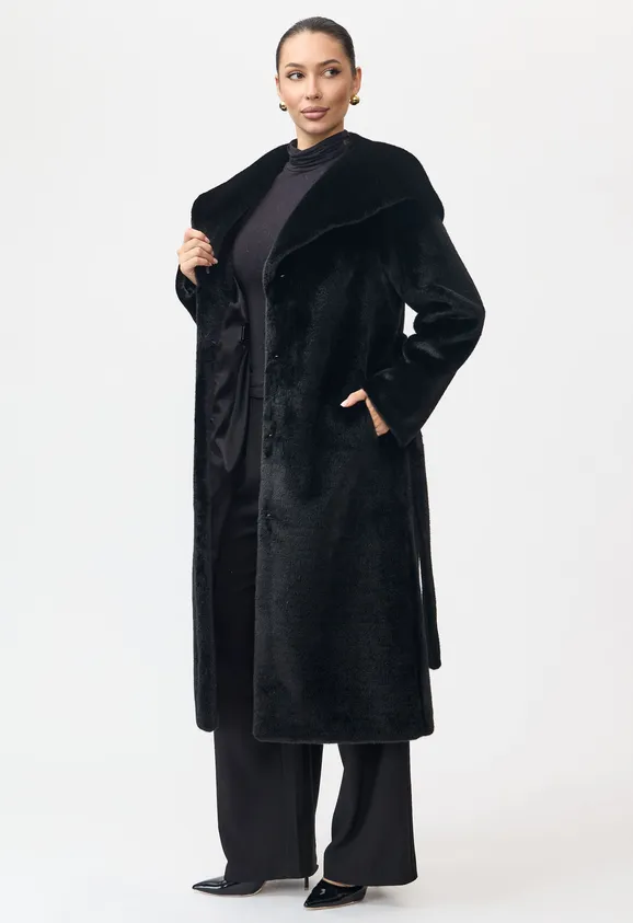 Фото Шуба из эко норки черный с капюшоном - 6