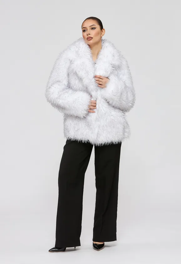 Фото Шуба из эко ламы бело-серая с английским воротником - 2