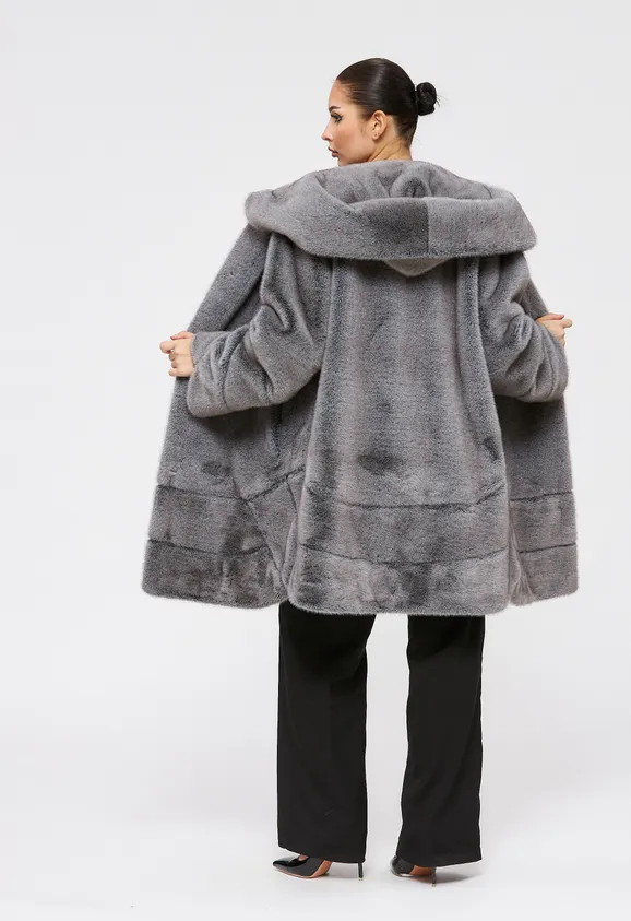 Фото Шуба из эко норки серая с капюшоном - 6