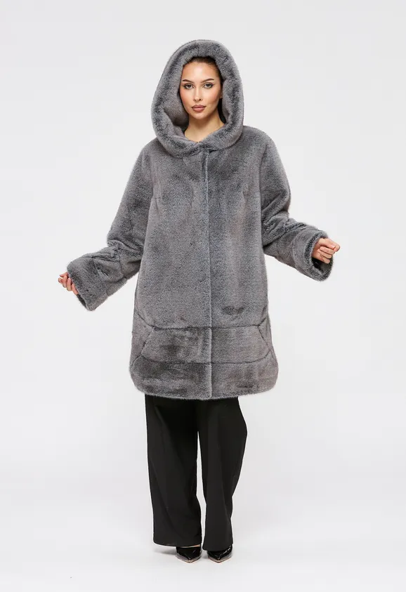 Фото Шуба из эко норки серая с капюшоном - 2