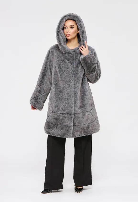 Фото Шуба из эко норки серая с капюшоном - 4