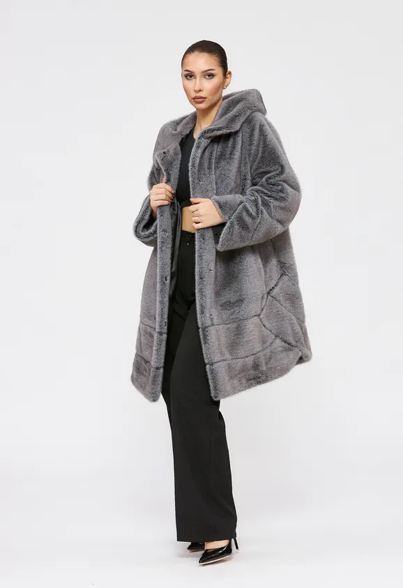 Фото Шуба из эко норки серая с капюшоном - 3