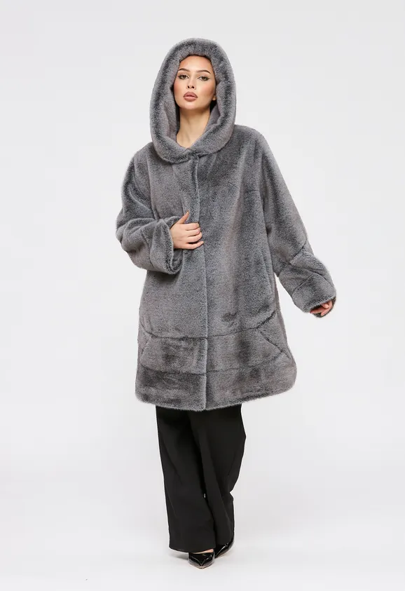 Фото Шуба из эко норки серая с капюшоном - 1