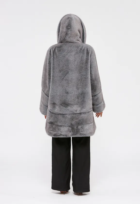 Фото Шуба из эко норки серая с капюшоном - 7