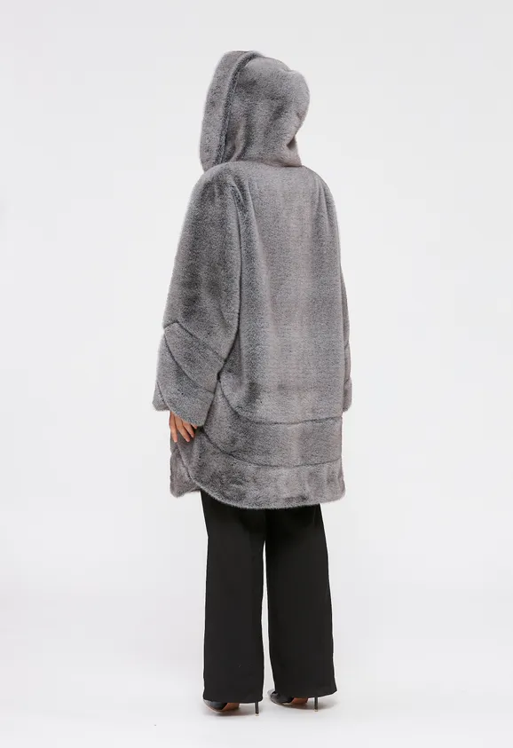 Фото Шуба из эко норки серая с капюшоном - 8