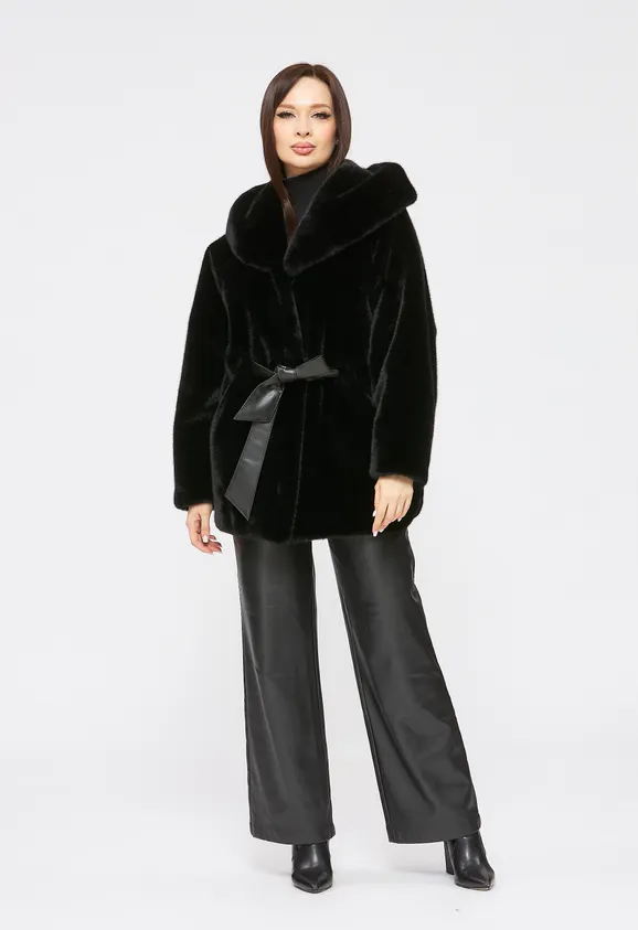 Фото Шуба из эко норки черная с капюшоном - 7