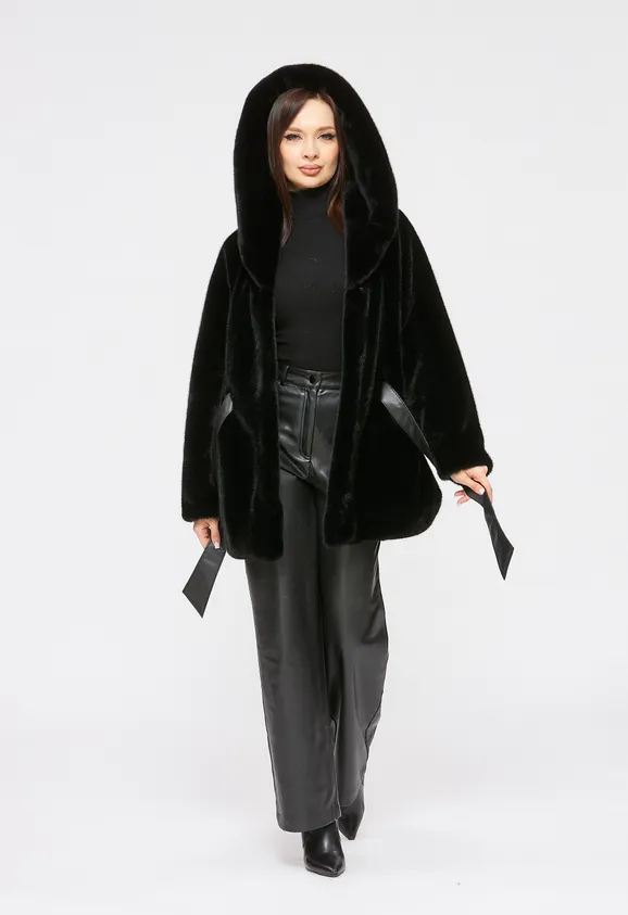 Фото Шуба из эко норки черная с капюшоном - 5