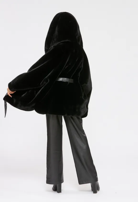Фото Шуба из эко норки черная с капюшоном - 9