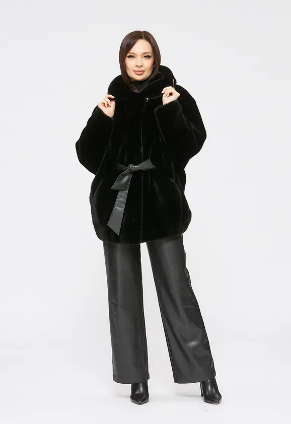 Фото Шуба из эко норки черная с капюшоном - 1