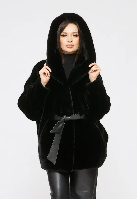 Фото Шуба из эко норки черная с капюшоном - 6