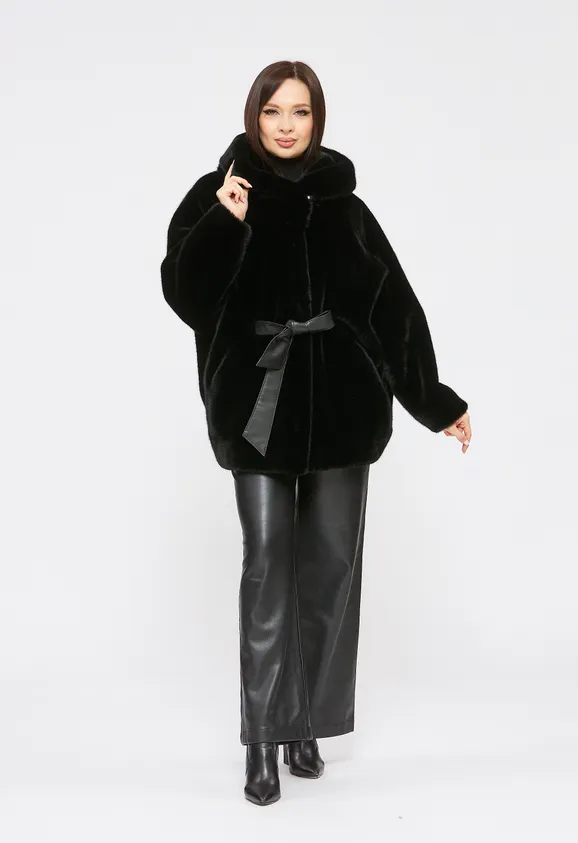 Фото Шуба из эко норки черная с капюшоном - 8