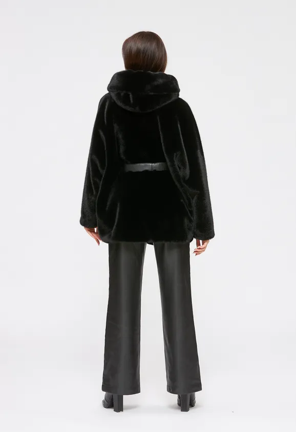 Фото Шуба из эко норки черная с капюшоном - 2