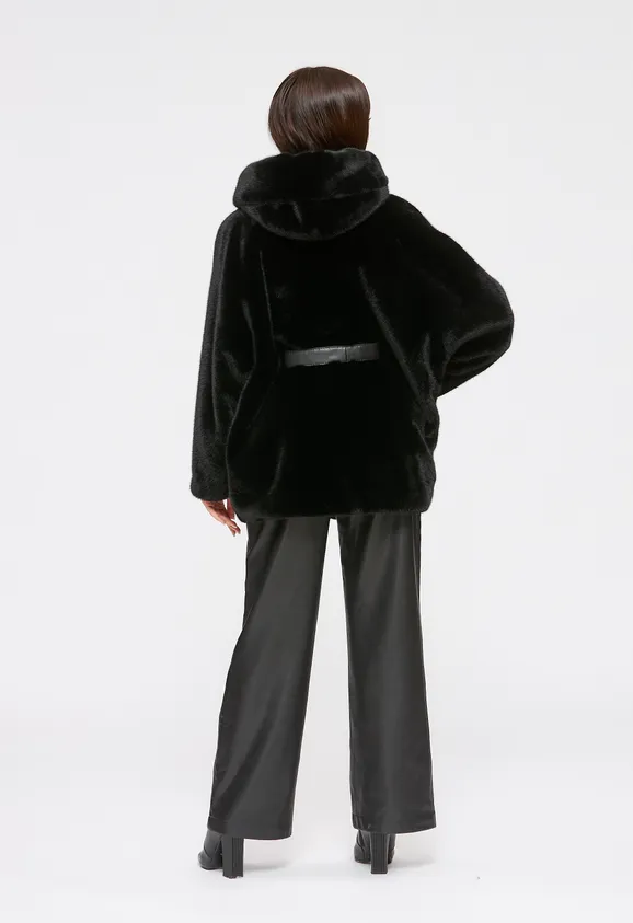 Фото Шуба из эко норки черная с капюшоном - 10