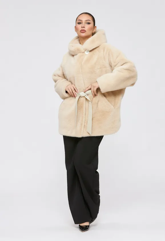 Фото Шуба из эко норки бежевая с капюшоном - 4