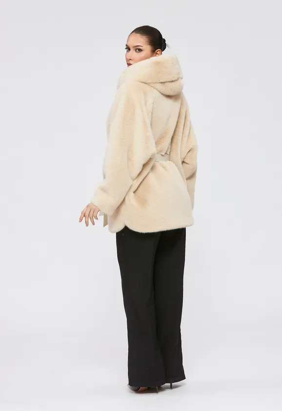 Фото Шуба из эко норки бежевая с капюшоном - 2