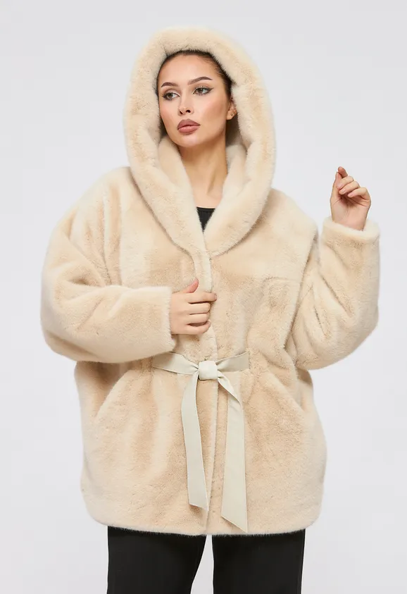 Фото Шуба из эко норки бежевая с капюшоном - 7