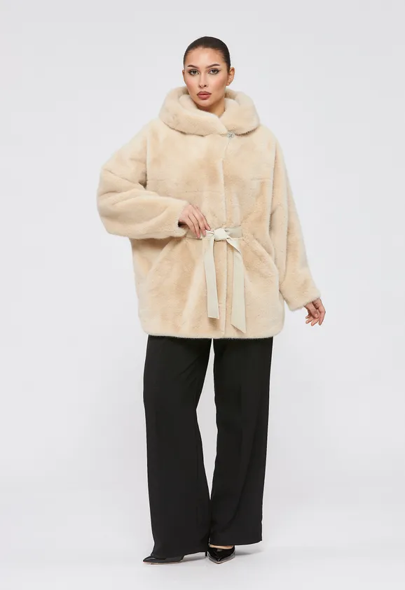 Фото Шуба из эко норки бежевая с капюшоном - 5