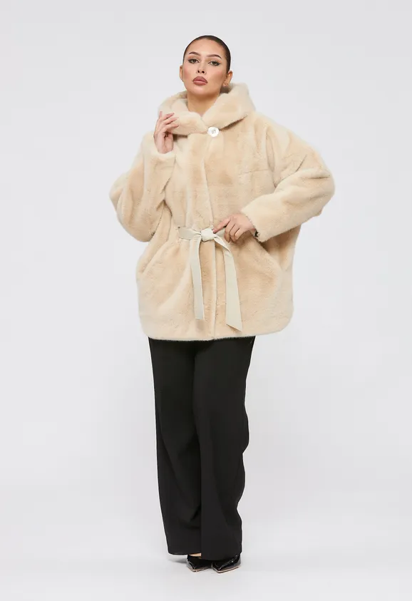 Фото Шуба из эко норки бежевая с капюшоном - 9