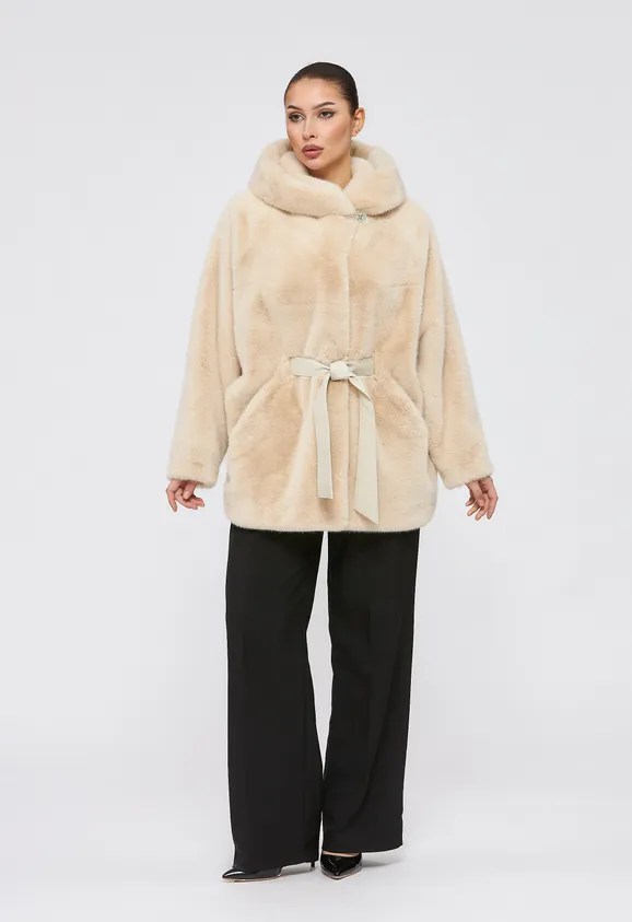 Фото Шуба из эко норки бежевая с капюшоном - 1