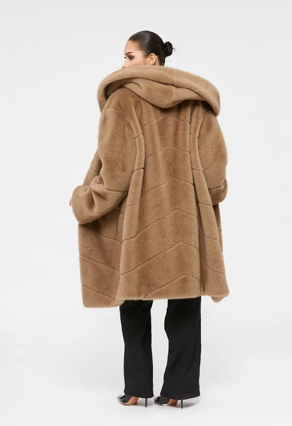 Фото Шуба из эко норки капучино с капюшоном - 6