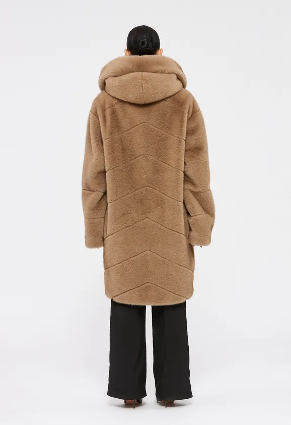 Фото Шуба из эко норки капучино с капюшоном - 9