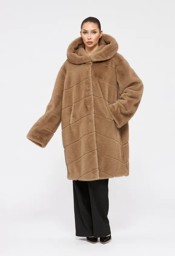 Фото Шуба из эко норки капучино с капюшоном - 2