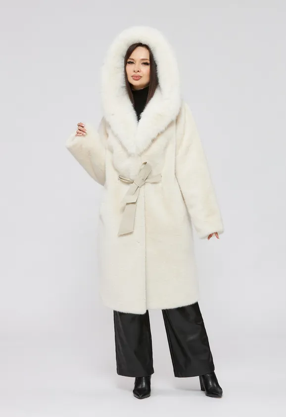 Фото Шуба из эко норки белая с капюшоном из эко песца - 10