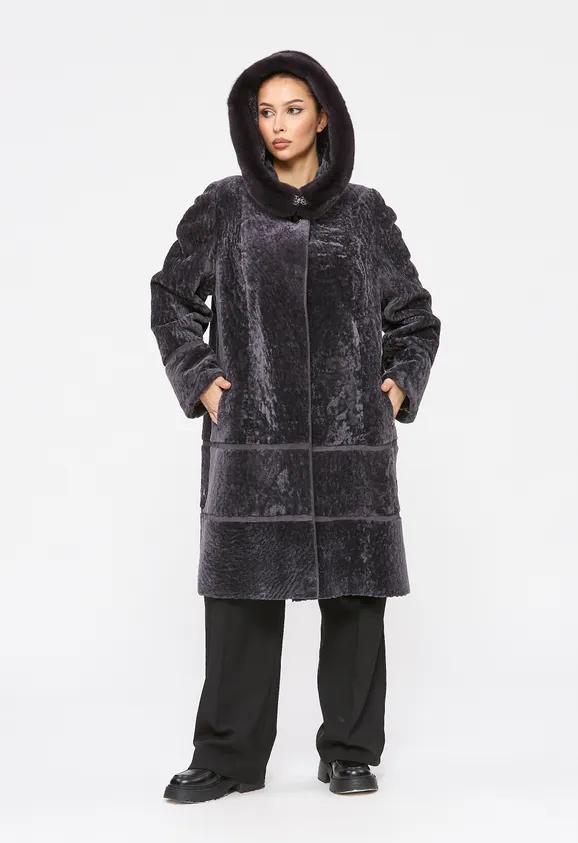 Фото Шуба из натурального астрагана думан с капюшоном из натуральной норки - 9