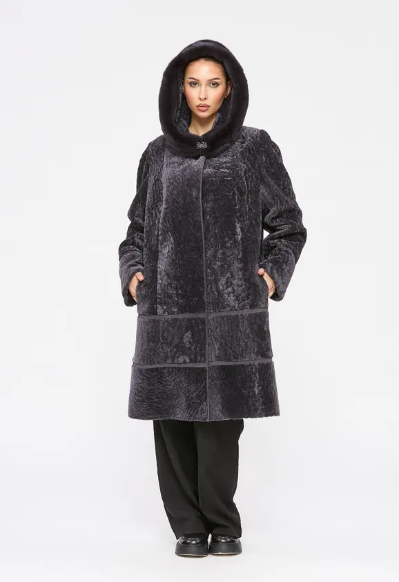 Фото Шуба из натурального астрагана думан с капюшоном из натуральной норки - 6