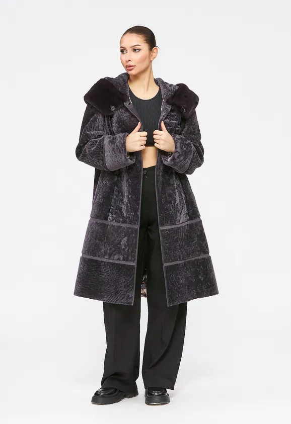 Фото Шуба из натурального астрагана думан с капюшоном из натуральной норки - 5