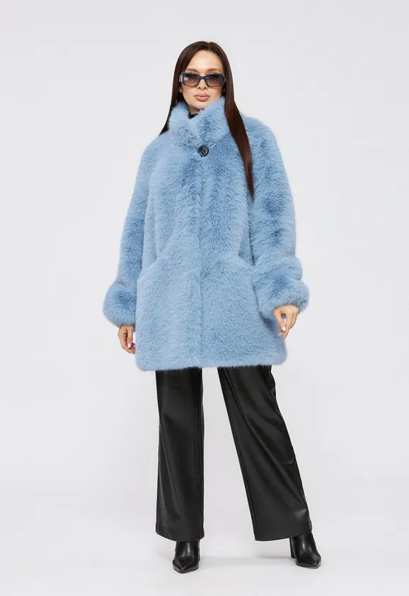Фото Шуба из эко песца голубая с воротником стойка - 3