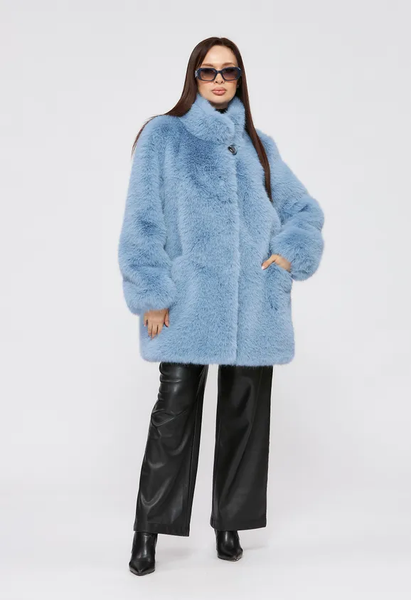 Фото Шуба из эко песца голубая с воротником стойка - 5