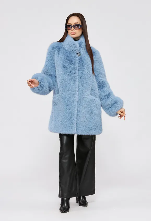 Фото Шуба из эко песца голубая с воротником стойка - 1