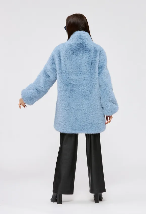 Фото Шуба из эко песца голубая с воротником стойка - 10