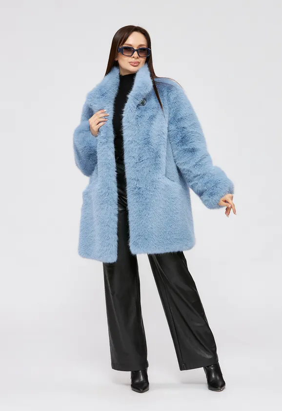 Фото Шуба из эко песца голубая с воротником стойка - 2