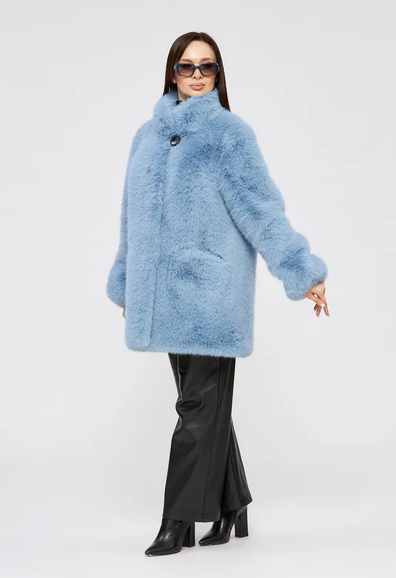 Фото Шуба из эко песца голубая с воротником стойка - 6