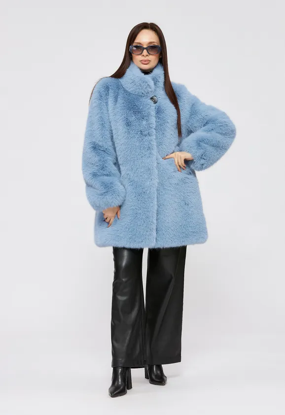 Фото Шуба из эко песца голубая с воротником стойка - 4
