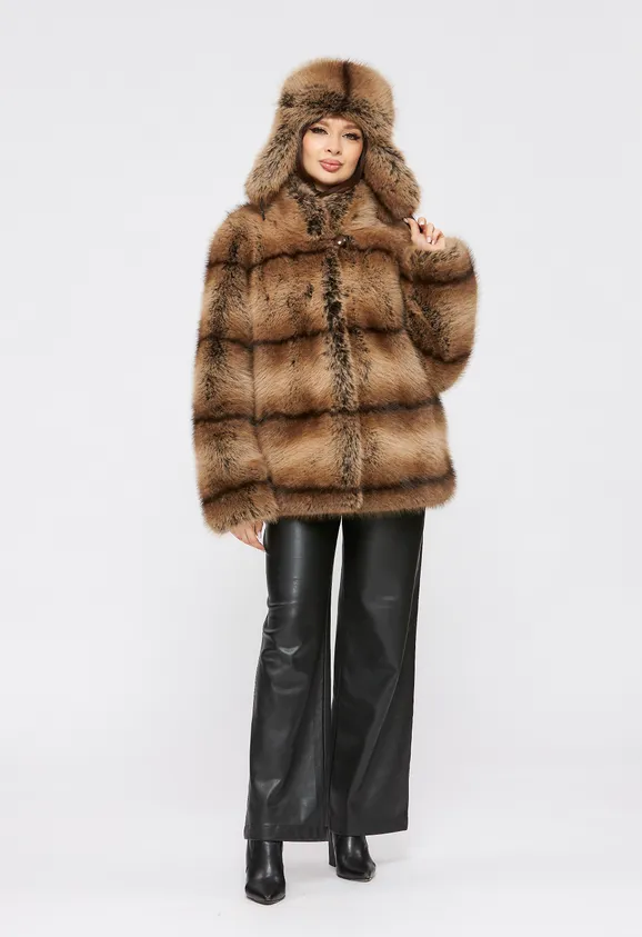Фото Шуба из эко енота с воротником стойка - 5