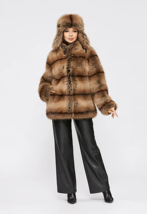 Фото Шуба из эко енота с воротником стойка - 4