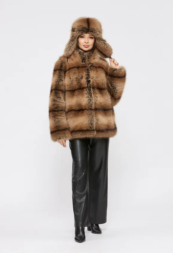 Фото Шуба из эко енота с воротником стойка - 3