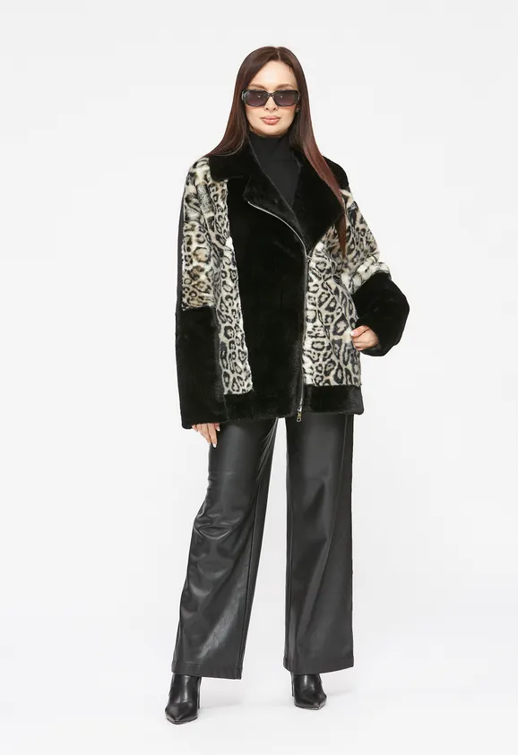 Фото Шуба-косуха из эко норки черная с леопардом - 1