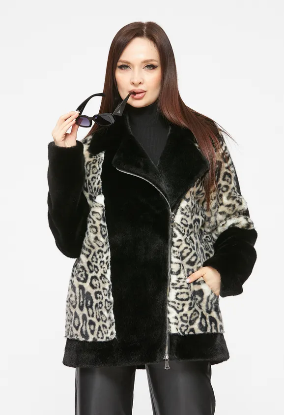 Фото Шуба-косуха из эко норки черная с леопардом - 4