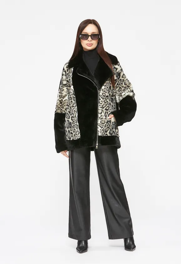 Фото Шуба-косуха из эко норки черная с леопардом - 7
