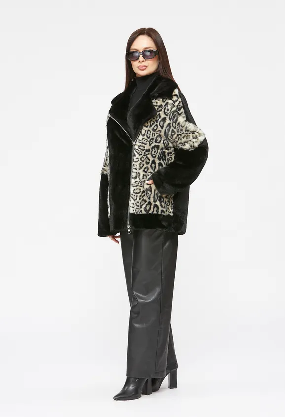 Фото Шуба-косуха из эко норки черная с леопардом - 5
