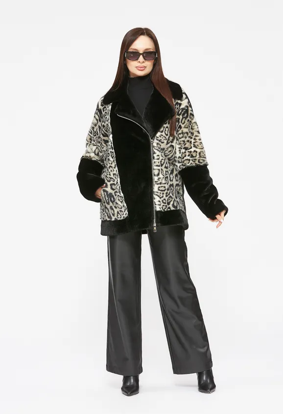 Фото Шуба-косуха из эко норки черная с леопардом - 2