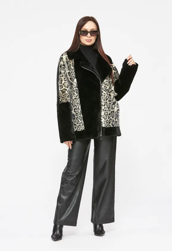 Фото Шуба-косуха из эко норки черная с леопардом - 8