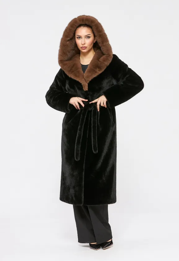 Фото Шуба из эко норки черная с капюшоном - 3