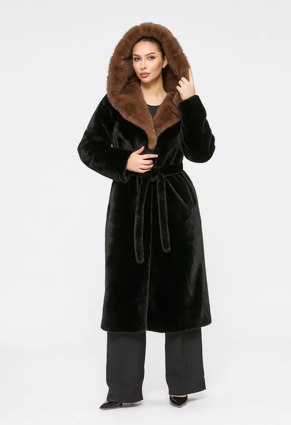 Фото Шуба из эко норки черная с капюшоном - 5