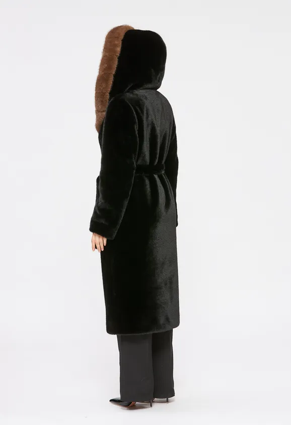 Фото Шуба из эко норки черная с капюшоном - 6