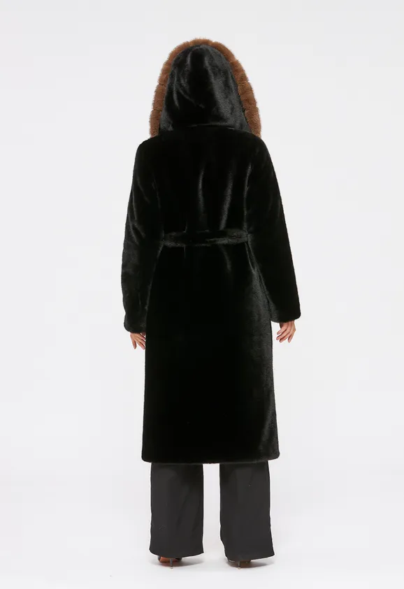 Фото Шуба из эко норки черная с капюшоном - 7